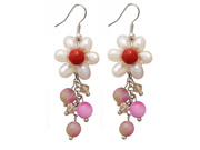 Pearl Crystal and Red Coral and Pink Jade Dangle Earrings are US$1.92
